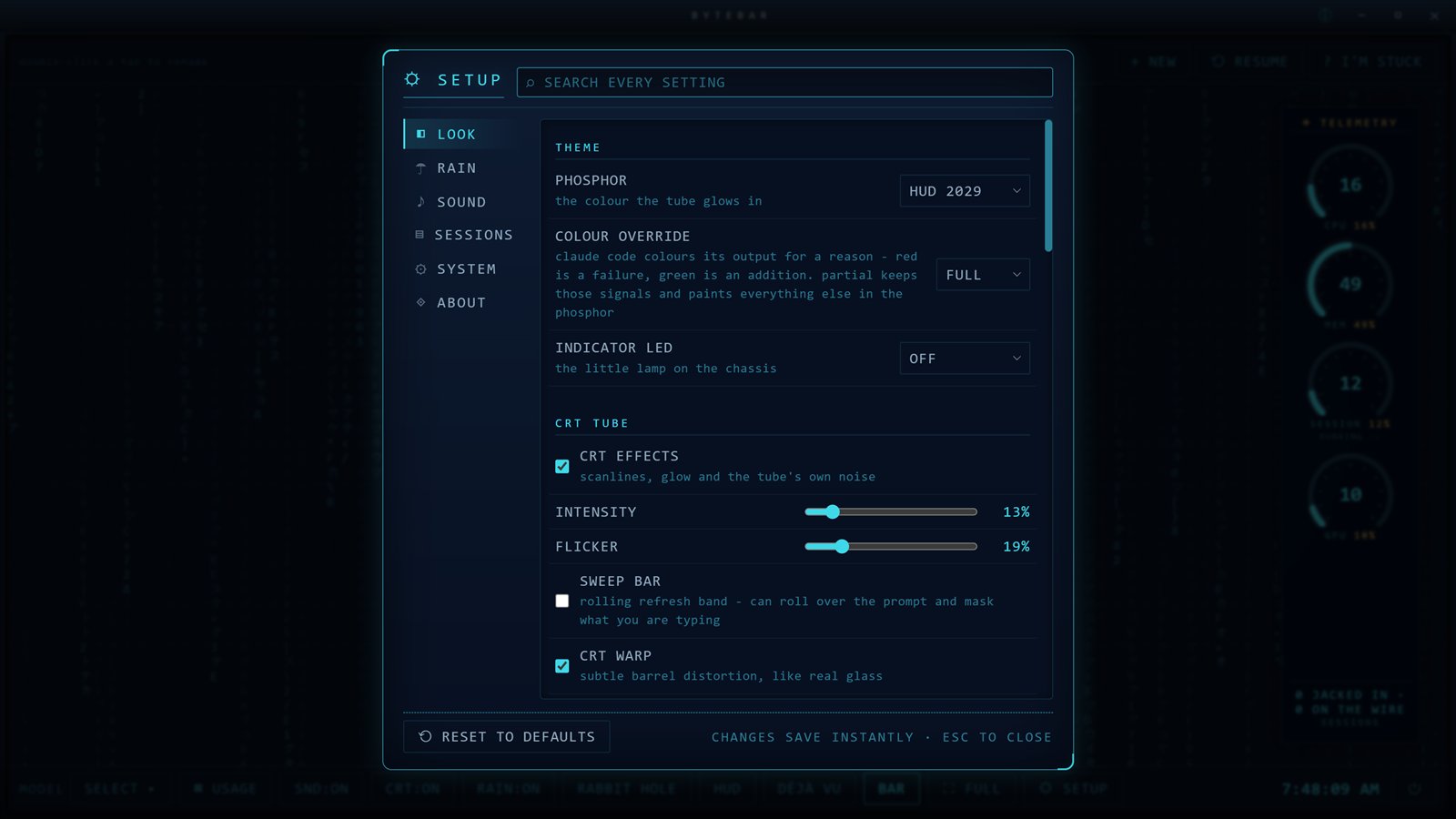 ByteBar's SETUP panel with theme, CRT tube and telemetry controls